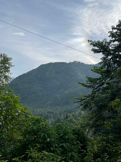 The image shows a scenic view of a verdant mountain range in Tampakan, Philippines, under a partly cloudy sky. In the foreground, lush green foliage frames the scene, with the leaves of trees creating a natural border. A thin wire stretches diagonally across the upper portion of the image, from the top left to the top right.
The mountain slopes are densely covered with vegetation, appearing as a carpet of various shades of green. The lower parts of the mountains are obscured by a slight atmospheric haze, contributing to a sense of depth and distance. Coconut trees and other tropical plants are visible amidst the rolling hills.
The sky is a mix of blue and white, with scattered clouds. A faint halo-like optical phenomenon, possibly a sun dog or a circumzenithal arc, is visible in the upper right quadrant of the sky, near the sun which is partially obscured by clouds. The overall impression is one of natural beauty and tranquility. There are no people or visible human activities in the image, focusing solely on the landscape.