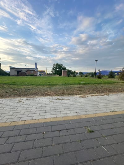 This is a vertical, eye-level shot of a sidewalk with grey and yellow paving stones. The sidewalk borders a grassy area, which transitions into a background with buildings, trees, and a cloudy sky. The scene appears to be in a semi-urban or suburban area.
In the background, a large, blue-roofed building is visible, along with some smaller brick structures. A few trees, some evergreen and some deciduous, dot the landscape. Streetlights are also present, suggesting this is an outdoor public space. The sky is filled with a mix of white and grey clouds, indicating potentially overcast or partly cloudy weather.
There is no clear activity or event taking place. The image seems to capture a static moment in time, likely during the daytime. There is no visible text within the image. The overall impression is one of a commonplace outdoor environment.