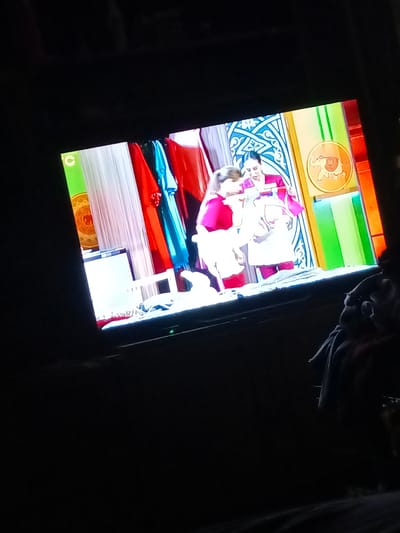 The image shows a television screen displaying a scene with two people, likely children, dressed in colorful clothing. The person on the left wears a bright pink top and white apron, while the person on the right wears a pink top and a white apron with pink trim. They appear to be engaged in an activity. The background on the screen is a set with vibrant colored panels, including green, red, blue, and white. There is also a decorative element with a blue pattern and an image of an elephant in a circular frame. The television is positioned in a dark room, with a person's shoulder and head visible in the foreground on the right, suggesting the image was taken from a spectator's perspective. The lighting is dim, with the primary light source coming from the television screen. The location in the city of Новопетровское, Russia, is not discernible from the image.