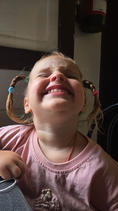The image features a close-up, upside-down view of a young girl with blonde hair styled in pigtails. She has a wide, joyful smile, showing her teeth, and her eyes are partially closed. She is wearing a light pink t-shirt with a decorative embellishment on the left side of the chest, which appears to be made of fabric and small pearls. A thin, coral-colored necklace is visible around her neck.
The background is dimly lit and appears to be indoors. To the left, a dark, cylindrical object with some red and white markings is partially visible, possibly a piece of equipment or a container. The lighting suggests it might be daytime, with light coming from above and to the right, casting shadows on the girl's face. The overall mood conveyed by the image is one of happiness and playfulness.
No text is clearly visible or legible in the image, apart from what might be on the object in the background, which is too indistinct to read. The scene is a close portrait of a child's expression.