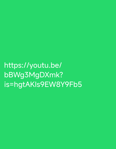 The image displays text on a bright green background. The text, written in white, reads: "https://youtu.be/ bBWq3MgDXmk? is=hgtAKIs9EW8Y9Fb5". There are no other objects, people, or environmental details visible in the image. The location is not specified or depicted in the image itself.