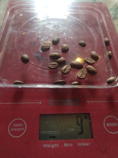 A red digital kitchen scale, model KITCHEN________ (partially visible brand name), is depicted from a slightly overhead perspective in Ciudad de San José, Costa Rica. Resting on the scale's weighing surface is a rectangular, clear plastic container, slightly scuffed and showing minor residue. Inside this container are approximately 17-20 dark brown, roasted coffee beans, scattered across its base. A bright light source is reflected prominently on the upper surface of the clear container. The scale's digital display reads "9" with a "g" symbol, indicating a weight of 9 grams. Below the display, the words "Weight," "Milk," and "Water" are visible, likely mode indicators. To the left of the display is a circular button labeled "ZERO ON/OFF," and to the right, a circular button labeled "MODE." No individuals or other significant objects are visible in the immediate background.
