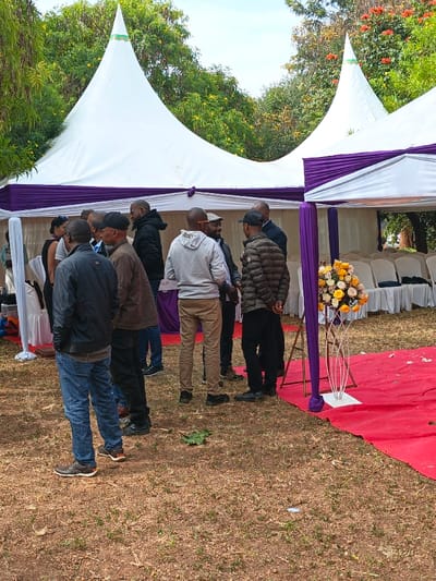 Several people gather outside under white tents with purple trim. A red carpet leads toward white chairs. A floral arrangement sits atop a white, abstract stand. The ground is covered in dry grass and leaves. Trees with green leaves and red flowers are visible in the background. The scene suggests an outdoor event, such as a wedding or celebration.