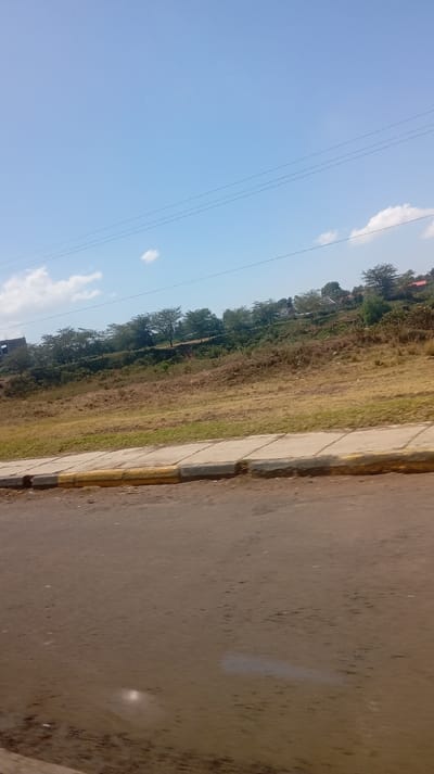 The image captures a bright, daytime outdoor scene, likely taken from a moving vehicle looking across a road towards a gently sloping hillside.
The upper portion of the image is dominated by a clear, light blue sky with a few scattered, wispy white clouds. Several thin, dark lines, resembling power or utility cables, traverse horizontally across the sky, slightly angled upwards from left to right.
Below the sky, the midground features a prominent hillside covered with dry, patchy, light brown and greenish-brown vegetation, characteristic of a somewhat arid or dry season landscape. Along the crest of the hillside, a line of distinct trees with green foliage and what appear to be flat-topped or umbrella-shaped canopies (possibly acacia species) stretches horizontally across the frame. Behind these trees, in the far distance, faint outlines of structures or buildings with reddish roofs can be observed, suggesting a distant settlement or residential area.
The foreground of the image shows a road and an adjacent paved sidewalk. The road surface is a dark, earthy brown, appearing to be dirt or a dirt-covered asphalt, with some textural variations and a slight reflection or glare in the bottom-center. Next to the road is a concrete curb, distinctively painted with alternating sections of bright yellow and gray/white, which typically indicates a no-parking zone or other road regulations. Beyond the curb, a gray concrete sidewalk is visible, constructed from several rectangular slabs.
The perspective, including the low angle and the presence of the road and sidewalk, suggests the photograph was taken from inside a vehicle. The bright, clear sky indicates sunny weather, likely during the morning or early afternoon. There is no discernible text visible in the image.