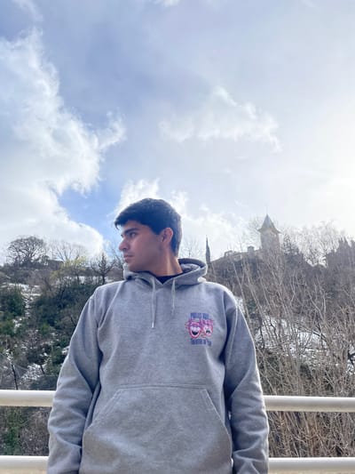 A young man wearing a grey hoodie with the logo "MOOLE DODE THEATRE OF FOOL" stands outdoors. He is facing right and looking down. Behind him is a sky with white clouds and a partially obscured building with a tall tower, surrounded by trees with bare branches. Vertical white poles are visible to the right of the man. The location is near the centre of Les Escaldes, Andorra.