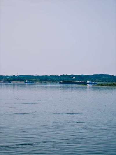 A wide, calm river dominates the foreground, reflecting the pale, hazy sky. Along the distant shore, a dense line of trees forms a dark green border against the horizon. Several boats are visible on the water. On the left, a barge with a crane is moored near the shore. Further to the right, a white tugboat is actively maneuvering. Another barge, heavily laden with what appears to be logs, is being pushed by a tugboat. The scene suggests a working river or port area. The city of Novonazimovo, Russia, is noted as the location.