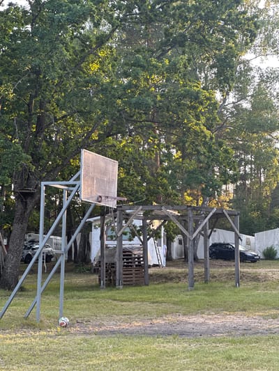 The image shows an outdoor scene with a basketball hoop and backboard positioned in front of a large tree. Behind the hoop, a wooden structure is visible, with some tarpaulin and pallets stacked nearby. Further back, a dark-colored car is parked next to a white tent-like structure. A soccer ball rests on the grass in the foreground. The scene appears to be in a grassy area with trees and a dirt path. The lighting suggests it is late afternoon or early evening, with the sun casting a warm glow. The overall setting seems to be a rural or recreational area. There is no visible text in the image.