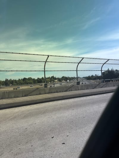 This image captures a view from a raised roadway in Citrus Heights, California, looking out over a multi-lane highway with moderate traffic. A chain-link fence with curved support posts runs along the edge of the roadway, separating it from the highway below. Beyond the highway, a dense line of green trees forms a natural barrier, with some buildings and structures visible in the distance. The sky is a pale blue with wispy white clouds, tinged with a greenish hue due to atmospheric conditions or editing. The foreground shows the concrete surface of the road, with shadows cast by an unseen object. The overall scene depicts a typical urban or suburban freeway environment.