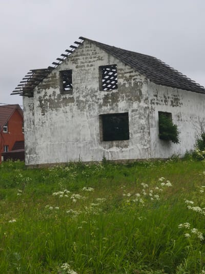 An abandoned, two-story house with a partially damaged roof stands on a grassy hill under an overcast sky. The white stucco walls are peeling and stained, revealing underlying brickwork in places. The house has several open, dark window frames, some of which are covered with a lattice-like structure. A small green bush is growing out of one of the upper windows. To the left of the abandoned house, a portion of a red brick house with a visible window and a dark roof can be seen. The foreground is dominated by a field of tall green grass and white wildflowers. The overall scene suggests neglect and the passage of time.