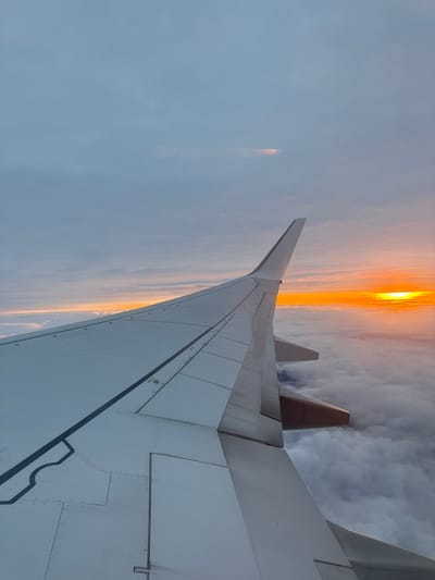 The image depicts an aerial view of an aircraft's right wing during sunset, observed from a passenger window. The scene is located over Trofa, Portugal. The prominent white-grey wing occupies the lower left to center of the frame, extending towards the upper right. Visible structural elements include panel lines, rivets, and dark linear markings on the wing's surface, indicating control surfaces or access points. A winglet is present at the wing's tip, pointing upwards. Below the wing, two engine nacelles are partially visible. Below the aircraft, a dense layer of white and grey stratocumulus clouds extends to the horizon. The sun is visible as a bright orange orb on the right side of the frame, partially obscured by the cloud layer, casting a vibrant orange and yellow glow across the horizon and illuminating the underside of the clouds. The upper sky is mostly clear, displaying light blue and grey hues with scattered clouds, some with a subtle pinkish-orange tint reflecting the distant sunset. No people or specific ground features are discernible. The action depicted is an aircraft in flight above cloud cover during a sunset.