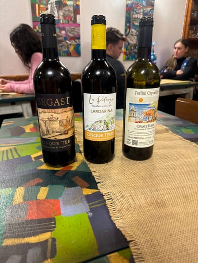 Three wine bottles are horizontally aligned on a table with a burlap runner. From top to bottom, the labels read: "Forlini Cappellini Cinque Terre", "La Polenza Lardarina Cinque Terre", and "Begasi Cinque Terre". The table has a colorful, abstract pattern. In the background, people are partially visible, adding context to the indoor setting.
