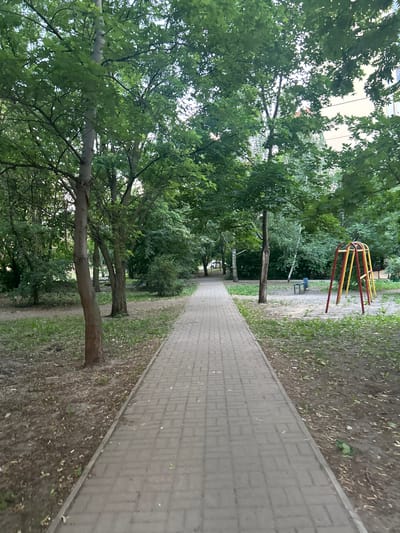 The image shows a paved walkway leading through a park-like area with mature trees and a playground. The walkway is made of grey rectangular pavers and is bordered by dry dirt and patchy green grass. The trees are lush with green leaves, indicating a warm season, likely summer. On the right side of the walkway, there is a children's playground with a yellow and red swing set and a blue bench. In the background, a building with a light-colored facade is visible through the trees. The overall scene depicts a typical urban park or courtyard in Novaya Usman, Russia. There are no people visible in the image.