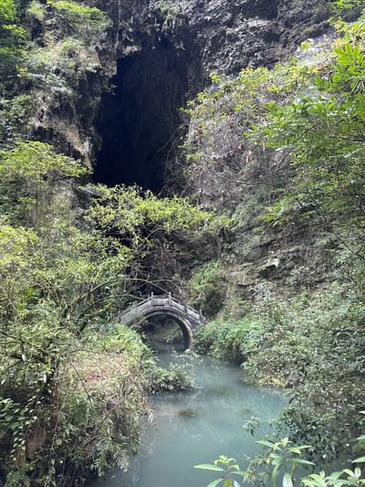 The image depicts a serene natural landscape, likely in the vicinity of Sanguansi, China, characterized by lush vegetation and a prominent cave entrance. A stone bridge, appearing ancient with its arched structure and decorative railings, spans a tranquil body of water. The water is a light, almost turquoise hue, reflecting the surrounding greenery and the overcast sky. Dense foliage, including various types of trees and smaller plants, covers the rocky cliffs and slopes, creating a vibrant green tapestry. The cave entrance is a dark, gaping maw in the rock face, suggesting a deep and mysterious interior. The overall atmosphere is one of untouched natural beauty and peaceful seclusion.