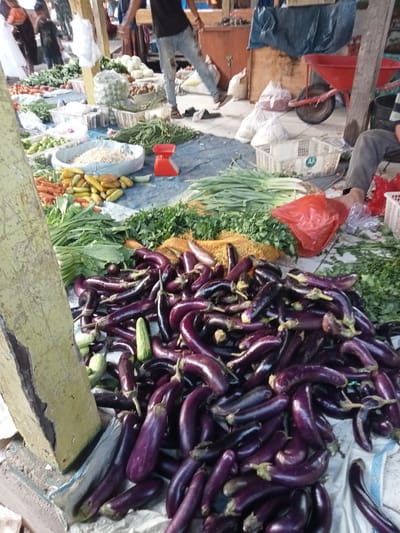 A street market scene in Ujung Tanjung, Indonesia, displays a wide variety of fresh produce. Piles of dark purple eggplants are prominently featured in the foreground, with some green cucumbers and lighter colored vegetables mixed in. Behind the eggplants, there are bundles of green leafy vegetables and carrots. Further back, various other vegetables and items are visible, including what appears to be rice in a large bowl and a red weighing scale. Several individuals are present in the background, some appearing to be vendors or shoppers, engaged in activities typical of a market environment. The overall setting suggests a bustling outdoor market with a focus on agricultural goods.