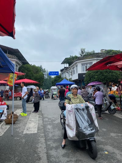 This image captures a bustling street scene in Chongzhou City, China, likely at a market. The foreground features a woman on a scooter, her face partially obscured by a helmet and a protective cover adorned with cartoon animals. She wears a green patterned shirt and dark pants, with black high heels. To her left, a man in a white t-shirt and jeans stands near a white and blue stall with Chinese characters. In the background, the street is lined with various stalls and shops, covered by colorful umbrellas, displaying goods for sale. People are seen browsing and moving about. A blue street sign indicating "Shuijun Street" with an arrow pointing to the right is visible, providing a specific location marker. The sky is overcast, suggesting a cloudy day. The overall atmosphere is that of a lively local market.