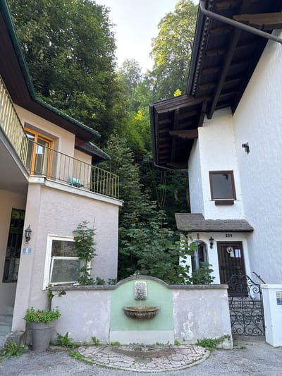 The image shows the exterior of two residential buildings in Bad Gastein, Austria, nestled against a lush green hillside. The building on the left is a multi-story structure with a light-colored stucco facade. It features a balcony with a yellow metal railing, an orange-trimmed window, and an exterior light fixture. A house number "8" is visible on a blue plaque near the entrance. The building on the right is predominantly white with a textured stucco finish. It has a dark wooden roof with exposed beams and a small pitched roof over the entrance. The entrance features a dark wooden door with a wreath and a house number "259" above it. A black wrought-iron gate with intricate scrollwork leads up a short flight of stairs. A small fountain with a decorative stone spout is integrated into a low wall separating the two properties, adorned with green mosaic tiles. The ground in front of the buildings is a mix of gravel and a circular cobblestone pattern. Overgrown greenery and trees surround the structures, indicating a natural, perhaps slightly wild, setting. The sky is clear and bright, suggesting daytime.