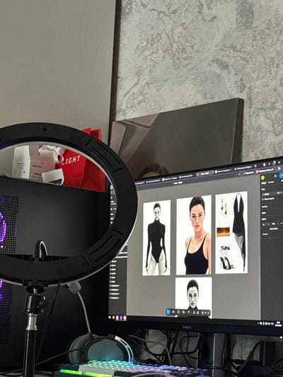 The image depicts a home office setup. A ring light is positioned in the foreground, with a computer monitor in the background displaying images of fashion items and models. The monitor shows a layout with multiple images, including full-body shots of models in black attire, close-ups of female faces, a gold clutch, a pair of gold earrings, and black high-heeled sandals. The screen also shows a graphical user interface, suggesting design or editing software is in use. A gaming keyboard with illuminated keys is visible below the monitor, and a pair of headphones rests on the desk. A desktop computer tower with a purple illuminated fan is on the left side of the frame. Behind the ring light, on a shelf, are several cosmetic or skincare products and a red shopping bag with "LIGHT" printed on it. The overall environment appears to be a room with a textured, light-colored wall. There are no identifiable landmarks or specific features that would indicate the location within the city of Покойное, Russia. The image focuses on the digital workspace and the user's creative tools.