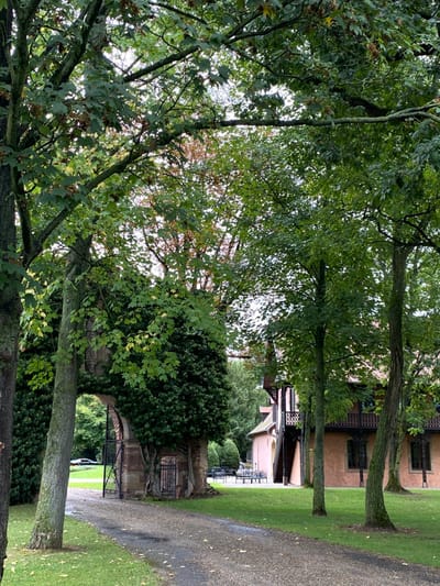 An overhead canopy of green deciduous trees frames a view of a property in Dorlisheim, France. A gravel path, edged by manicured grass, leads from the foreground towards a stone archway on the left. This archway is substantially covered in dark green ivy, with a dark metal gate partially open within its span. Beyond the gate, a paved area reveals what appears to be a light-colored vehicle. To the right of the path, a multi-story building features a reddish-brown lower facade and an upper section with dark timber framing and a dark wooden balcony. An external dark staircase ascends to the upper floor of this building. A lighter, possibly pink-colored section of the building is visible closer to the archway on the right. Additional trees and glimpses of an overcast sky are visible through the foliage. Outdoor seating, including benches, is faintly discernible on the grass near the building.