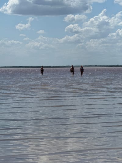 In Bursol', Russia, on a bright, cloudy day, three individuals stand in shallow, reddish-brown water, wading towards the shore. The water's surface is rippled and reflects the light, creating a shimmering effect. In the background, a thin line of green vegetation marks the edge of the water. The sky is a pale blue, dotted with fluffy white and gray clouds.