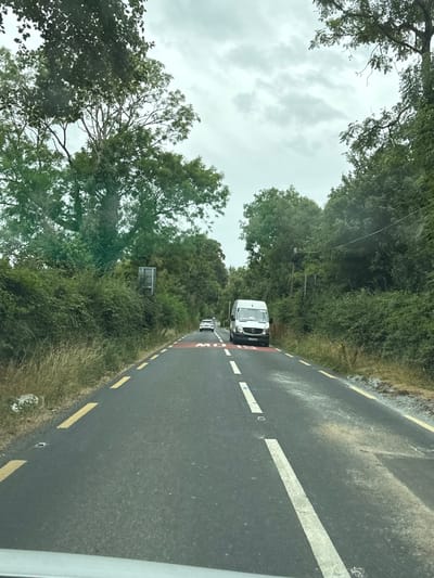 An overcast sky looms above a two-lane asphalt road in rural Ireland. The road is lined with yellow dashed lines and solid white lines, indicating traffic lanes. On the right side of the road, a white van is approaching, its headlights on. Further down the road, a white car is visible in the distance. The roadside is flanked by dense green vegetation, with tall trees lining the edges of the road. A red painted section on the road ahead of the van has white markings that appear to be letters, potentially indicating a speed limit or a warning. The image appears to be taken from inside a vehicle traveling on the road. The scene depicts a typical rural Irish road with limited visibility due to the overcast weather.