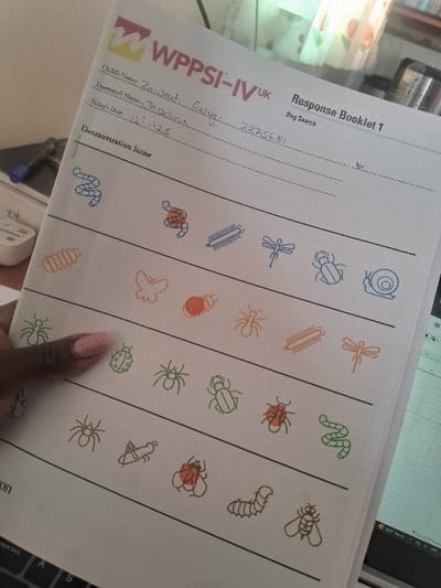 This image, taken in Muthambi ward, Kenya, depicts an indoor scene focused on a psychological assessment document. A human left hand, with light brown skin and manicured light pink fingernails, holds a "WPPSI-IV UK Response Booklet 1 Bug Search." The booklet's top section contains handwritten entries: "Child Name: Zawadi Gaby," "Examiner's Name: Jacqueline," and "Today's Date: 17.07.23," along with the number "2276681." The page displays multiple rows of line-art illustrations of various insects and invertebrates; some are outlined in blue, green, or orange, with a few having partial orange fill.
In the background, to the left of the booklet, the upper-left corner of a dark-colored laptop keyboard is visible, showing keys like 'Caps Lock', 'A', and 'S'. A white multi-socket power adapter and a dark blue capped pen are situated behind the laptop section. To the right of the booklet, the top-right corner of a laptop screen displays what appears to be a spreadsheet with light green cells and a visible taskbar showing "23°C." Further in the background, a silver-colored insulated mug or glass is partially visible on the right, and a light-colored curtain with a floral or abstract pattern, through which natural light enters, occupies the upper right.