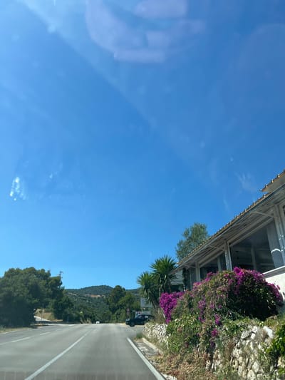 A road in Mattinata, Italy, passes by a building with a white roof and large windows, bordered by lush greenery and vibrant purple flowers. The road is paved and has white lane markings. On the left side of the road, a dense green forest stretches towards rolling hills in the distance. The sky above is a clear, bright blue with a few wispy clouds. A black car is parked on the right side of the road. The scene suggests a sunny day in a scenic, coastal region.