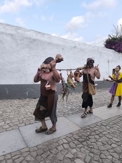 Three individuals are walking along a cobblestone street in Óbidos, Portugal, beside a white wall. The person in the foreground, wearing a dark head covering and what appears to be dark face paint, is carrying a wooden pole across their shoulders. Attached to the pole are various items, including what looks like animal carcasses or parts, and bundles of herbs. This individual is wearing a brown apron over grey pants and brown sandals. To their right, a person in a dark outfit and sandals is giving a thumbs-up gesture. Further to the right and slightly behind, a woman in a yellow and purple dress is walking, holding a white object with a stick. The sky above is partly cloudy.