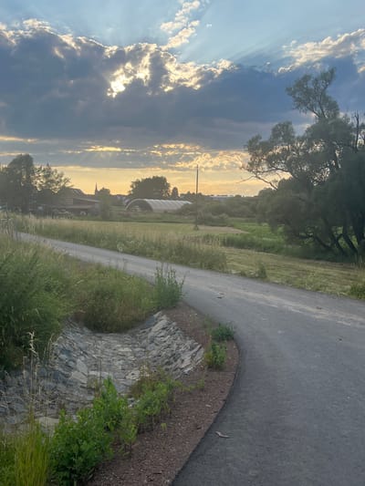 This media file depicts a rural landscape in Momberg, Germany, during what appears to be late afternoon or early evening. The sun is setting, casting a warm glow across the scene and creating dramatic sunbeams piercing through a partly cloudy sky. The overall mood is serene and peaceful.
The foreground features a paved pathway that curves to the right, bordered by a low, curved wall constructed of rough stones. Wild grasses and weeds grow along the edge of the pathway and the stone wall.
Beyond the pathway, a mown field stretches into the distance, with tall grasses and some scattered wildflowers. In the mid-ground, several rural structures are visible. One appears to be a large, arched greenhouse or barn. Further left, a building with a pitched roof and a steeple suggests a small village or church. Tall trees frame the scene on the left and right, with their branches reaching towards the sky. The lighting indicates a time of day when the sun is low on the horizon, likely late afternoon or early evening. The clouds are a mix of dark storm clouds and lighter, sunlit clouds, creating a dynamic and visually interesting sky. No people are visible in the image. There is no visible text.