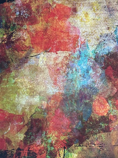 This is an abstract painting with bold brushstrokes and a vibrant color palette. Dominant colors include reds, yellows, blues, and greens, blended together in a textured and layered manner. There are areas of lighter and darker tones, creating depth and contrast. In the upper left corner, there appears to be a faint, stylized Chinese character. The painting's surface has a rough, canvas-like texture. The painting does not depict a scene in Ossenzijl, Netherlands, or any identifiable location.