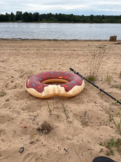 An inflatable donut ring rests on a sandy beach, with a fishing rod leaning against it. The beach is next to a body of water, likely a river or lake, with a forested treeline in the background. The sky is overcast. The scene appears to be in Nevskaya Dubrovka, Russia, a location known for its natural landscapes.