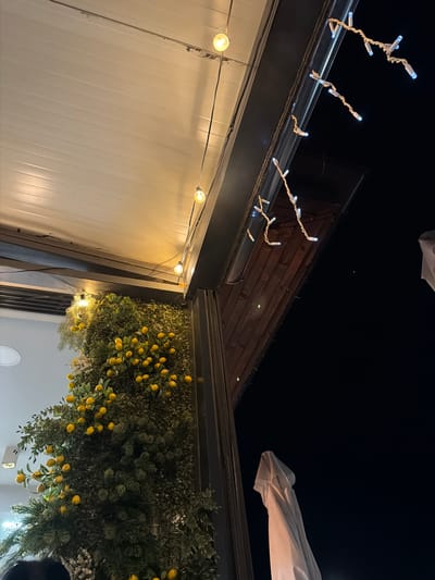 The image depicts an outdoor nighttime scene in Krumovgrad, Bulgaria. A white ceiling is visible in the upper left corner, illuminated by several warm, glowing bulbs strung along a wire. To the right, a dark wooden structure extends downwards, adorned with a string of small, blue LED lights. Adjacent to this structure is a lush green artificial plant arrangement featuring numerous small yellow lemons. In the far right background, a white umbrella is partially visible against the black night sky. The foreground is dark, with a hint of what appears to be people's heads in the lower left corner.