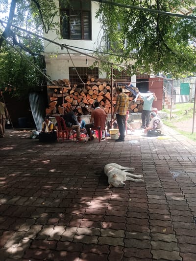 In Khakhnal, India, a white dog sleeps on a patterned brick courtyard. The courtyard is surrounded by a building with a white facade and windows, and a large stack of chopped firewood. Several men are gathered in small groups, some sitting on chairs and others on the ground. One man in a yellow shirt and scarf is sitting next to a black box. Another man, wearing a blue shirt, is holding a white cloth in the air. The scene is shaded by trees with green leaves, and sunlight filters through the branches, creating dappled patterns on the ground.