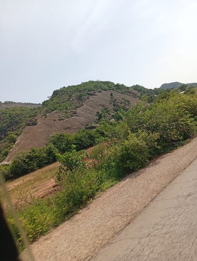 The image depicts a scenic view of a rocky, vegetated hillside adjacent to a paved road. The hillside is characterized by exposed rock formations, some of which appear weathered and layered. Lush green trees and foliage cover portions of the hill, creating a natural landscape. The road, surfaced with asphalt and appearing somewhat aged with visible cracks, curves along the base of the hill. A strip of dry, grassy terrain separates the road from the denser vegetation on the lower slopes. The sky above is a pale, overcast gray. The overall impression is a natural, undeveloped area, possibly on the outskirts of a settlement. The image was taken in Rimin Ziem, Nigeria.