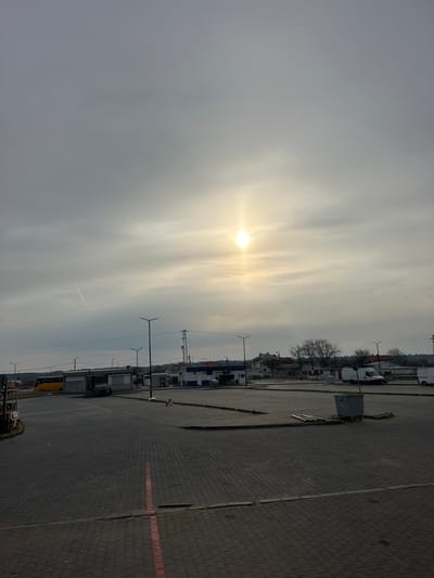 This image depicts a wide-angle view of a large, paved parking or bus terminal area in Plodovitovo, Bulgaria, under an overcast sky. The sun is visible as a bright, central disc with a prominent vertical flare, positioned in the upper-mid section of the frame. A faint white contrail extends diagonally in the upper-left quadrant of the sky.
The ground is composed of grey interlocking pavers, with a singular red painted line running from the foreground towards the midground. Several dark grey, modern-style streetlights, each with two parallel light sources, are evenly spaced across the paved area.
In the midground, towards the right, a large, grey, wheeled industrial dumpster is present.
The background features various structures and vehicles:
* On the far left, a yellow bus is parked.
* To its right, a low-rise, single-story building is visible, with a dark-colored utility truck or similar vehicle parked in front of it.
* Further right, a larger building with blue and white sections, potentially a commercial or service station, stands.
* Several bare deciduous trees are visible beyond these buildings, silhouetted against the sky, indicating a lack of foliage.
* On the far right, a white commercial van and another partially obscured white vehicle are parked.
* Utility poles and overhead power lines are visible throughout the background area.
No individuals are visible in the scene. The vehicles are stationary. The lighting suggests daytime with significant cloud cover.