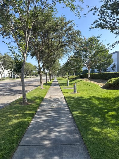 The image depicts a sun-dappled sidewalk lined with manicured trees and a lush green lawn. The perspective is from ground level, looking down a long, straight path that recedes into the distance. Sunlight filters through the leaves of the trees, casting intricate patterns of shadow on the concrete walkway and the grass.

The scene appears to be an urban or suburban environment, possibly a park, a business complex, or a well-maintained residential area. In the background, a modern building with reflective windows can be seen peeking through the trees. Along the side of the sidewalk, several metallic posts with perforated tops are visible, possibly related to utilities or signage.

The sky is a clear, bright blue, suggesting a sunny day. The overall impression is one of tranquility and order, with the natural elements of trees and grass harmoniously integrated with the man-made infrastructure. There is no visible text in the image. The time of day is likely midday or early afternoon, given the intensity of the sunlight and the sharp shadows.