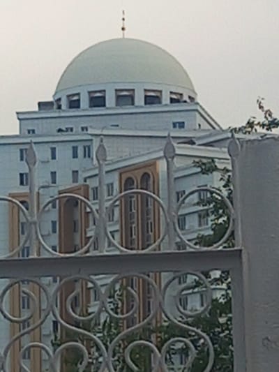 A pale, overcast sky looms over a building complex in Argun, Russia. The most prominent feature is a large, light-colored dome topping a multi-story structure, which is surrounded by several other lighter-colored buildings with numerous windows. A decorative metal fence with swirling patterns and pointed finials partially obscures the view of the buildings. Green foliage from trees is visible between the fence and the buildings, suggesting a natural element within the urban landscape. The overall impression is of an institutional or governmental building, possibly a mosque given the dome, in a subdued, possibly early morning or late afternoon light. There are no people visible in the image.