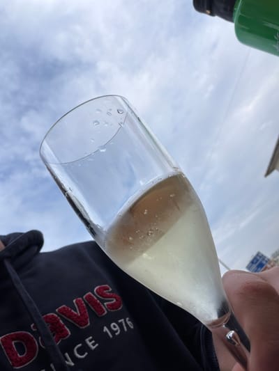 A clear champagne flute, approximately half full with a pale yellow, effervescent liquid, is held by a human right hand. Water droplets are present on the exterior rim of the glass, and numerous bubbles are visible within the liquid. The individual holding the glass wears a dark-colored hoodie with "D'AVIS SINCE 1976" embroidered in red and white text on the chest. The background consists of an overcast sky. A dark green bottle with a black cap is partially visible in the upper right quadrant. A blue road sign with white markings is partially visible in the mid-right background. The scene is located outdoors in the city of Felgueiras, Portugal.