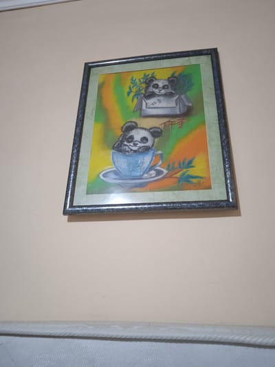 A framed painting of two pandas is hanging on a beige wall above a white baseboard. The painting depicts one panda peeking out of a cardboard box with Chinese characters written on it. Below that, another panda is nestled inside a blue teacup with a saucer. The background of the painting is a gradient of yellow, green, and orange. The frame of the painting is dark and textured. The image was taken indoors, likely in a residential setting. The location of Saky, Ukraine, is not visible in the image.