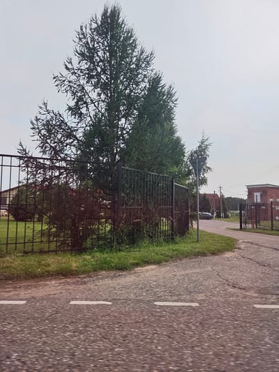 The image depicts a rural scene in Vorontsovo, Russia, featuring a paved road in the foreground with white dashed lane markings. Beyond the road, a black metal fence encloses a grassy area with trees. In the background, a red brick building with multiple windows and a white roof is visible, along with more trees and a utility pole with wires. A dark-colored car is parked near a triangular road sign. The sky is overcast and light gray.
