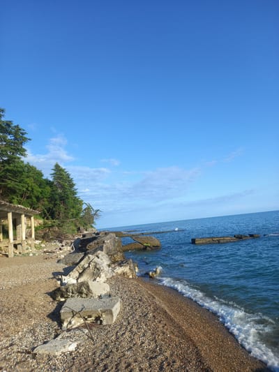 The image depicts a rugged, desolate shoreline in Gwandra, Abkhazia. The scene is dominated by a clear blue sky stretching over a calm, deep blue sea. In the foreground, a pebble beach is strewn with large, broken concrete blocks, remnants of some past construction or destruction. These blocks lie scattered amidst smaller stones, suggesting a weathered and abandoned location.
To the left of the frame, a dilapidated, open-sided structure with visible concrete pillars and a partial roof stands partially obscured by lush green trees that line the slope of the land. These trees, predominantly conifers, create a dense canopy, their branches reaching towards the sky and down towards the shore.
The sea is relatively calm, with gentle waves lapping at the shore, leaving white foam on the pebbles. Further out in the water, several long, rectangular concrete structures or jetties are partially submerged, jutting out from the sea at intervals. The overall impression is one of natural beauty juxtaposed with the decay of human infrastructure, a common sight in post-conflict or undeveloped coastal areas. No people are visible in the image.