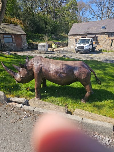 A landscape shot featuring a metal rhinoceros sculpture. The sculpture stands on a lush green lawn, with a stone building and a white van visible in the background. A stone curb and asphalt surface appear in the foreground, partially obscured by a blurred red object, possibly a finger, encroaching on the right side of the frame. The location is likely in a rural or semi-rural area near Mold, United Kingdom, given the architectural style of the stone buildings and the general vegetation. No people are visible.