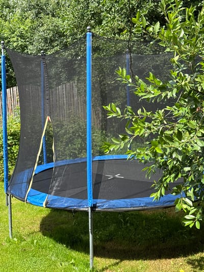 A trampoline with a black jumping mat and blue padding is situated on a grassy lawn outdoors. The trampoline is enclosed by a black safety net attached to blue poles. A wooden fence is visible in the background, partially obscured by greenery. Lush trees and bushes surround the trampoline, indicating a natural or garden setting. The scene is illuminated by sunlight, casting a shadow on the grass. The image is a photograph taken from a slightly elevated angle. The location is specified as Bersenevka, Russia.