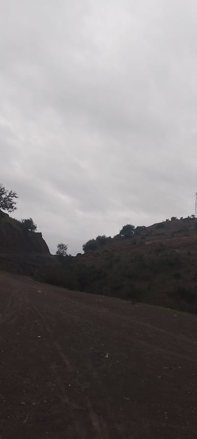 This image depicts an outdoor scene in Aïn El Aouda, Morocco, under an overcast sky. The foreground consists of an unpaved, dark brown earth track or path, sloping gently upwards from left to right, showing scattered small stones and minor undulations. The midground and background are dominated by a series of hills covered with sparse, dark green vegetation and exposed dark earth.
To the left, a steep, dark brown slope features a prominent cut or ridge, with a few small trees and shrubs visible on its face and crest. In the center-midground, a solitary tree stands in what appears to be a depression between slopes. To the right, a larger hill ascends gradually, densely covered with dark green shrubbery and some trees. Positioned on the crest of this right-hand hill, a tall, slender, metallic lattice structure, identified as a communication tower, is partially visible against the sky. A thin, dark line, consistent with an overhead utility cable or power line, extends horizontally across the midground from the vicinity of the communication tower. The sky is uniformly light grey, indicating complete cloud cover with no direct sunlight. No individuals, animals, or specific actions are discernible within the frame.