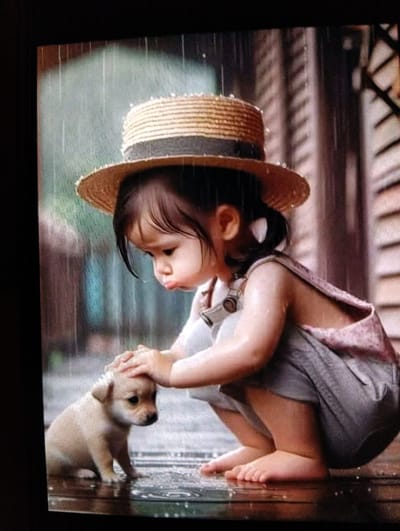 In a blurry, soft-focus image, a young child wearing a straw hat and overalls is squatting on a wet surface, possibly wood. The child is gently petting a small, light-colored puppy. It is raining. The background is indistinct, with hints of greenery and a building facade. The location in Padarsko, Bulgaria is not apparent from the image.