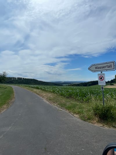 In Christerode, Germany, a paved road curves to the left, bordered by lush green grass on the left and a field of young corn plants on the right. In the background, a dense forest covers rolling hills, and beyond that, a distant hazy landscape with wind turbines is visible under a partly cloudy sky. A signpost stands beside the road, with a white directional sign pointing left that reads "Wasserfall". Below this, another sign displays two red circular symbols, one with a dog and leash inside and another with a human figure, both crossed out, indicating restrictions. A smaller directional sign below that points left with the letter "N". A dark car mirror is visible in the lower right corner.