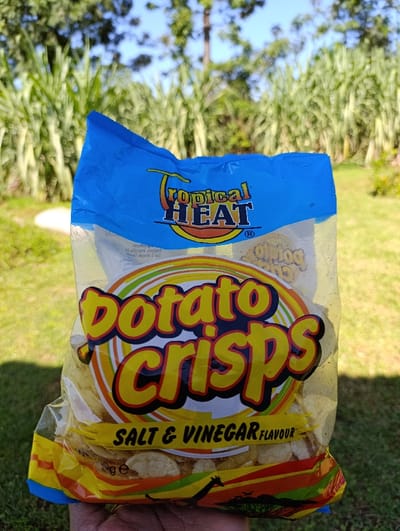 A close-up outdoor shot shows a person's hand holding a clear plastic bag of "Tropical HEAT Potato Crisps". The bag has a vibrant design with a blue top section featuring the "Tropical HEAT" logo, which includes a stylized sun. The main product name "Potato crisps" is prominently displayed in large yellow and orange letters with a dark outline. Below this, "SALT & VINEGAR FLAVOUR" is written in yellow text on a black bar. The bottom of the bag is yellow, orange, and red, with silhouettes of a giraffe and other possible African wildlife figures. The bag contains numerous light-colored potato chips, visible through the clear plastic. A small "30ge" is partially visible at the bottom left, indicating the weight.
The background is a lush outdoor scene, out of focus. Tall, green, reedy plants, possibly sugarcane or similar tropical vegetation, dominate the mid-ground. Above the plants, a clear blue sky is visible. The bright, direct sunlight suggests it is daytime, likely morning or afternoon, casting some shadows. The overall setting appears natural and verdant, consistent with the provided location context of Kaplelwo, Kenya. The image focuses on the snack product within its natural environment.