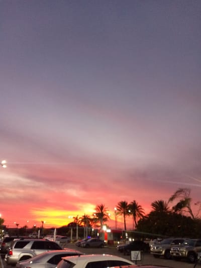The image captures a sunset scene over a parking lot in La Cruz del Pastel, Venezuela, during the evening twilight. The sky transitions from a deep violet-blue at the top, through shades of lavender and pink, to a brilliant expanse of red, orange, and yellow directly above the horizon. Thin cloud formations are present, with a faint contrail visible in the upper right quadrant.

The midground features numerous palm trees and other dense foliage silhouetted against the vibrant sky, predominantly on the right side of the frame. Scattered artificial light sources, appearing as bright white or yellow points, illuminate the distant areas, suggesting streetlights or commercial structures.

The foreground is occupied by a paved parking lot containing multiple vehicles. Prominent vehicles include a silver SUV positioned on the left, a silver sedan partially visible in front of it, and a white hatchback or compact SUV in the immediate foreground on the right. Other dark-colored sedans and SUVs are discernable further back in the lot. No individuals are visible, and no specific actions or interactions are occurring within the frame. The overall environment suggests a commercial or public parking area.