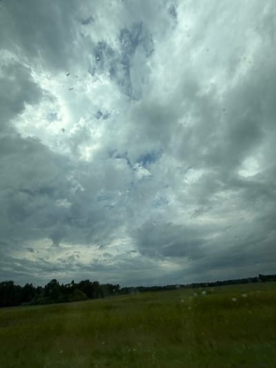 The image depicts a vast, overcast sky filled with dramatic, swirling clouds in various shades of gray, interspersed with patches of pale blue. In the foreground, a lush, green field stretches towards a dense line of dark green trees that form the horizon. The overall atmosphere is somber and moody, suggesting impending rain or recent precipitation, with small, circular water spots visible on the lens through which the scene is captured. The location is identified as Deevo, Russia. There are no people or animals visible in the frame.