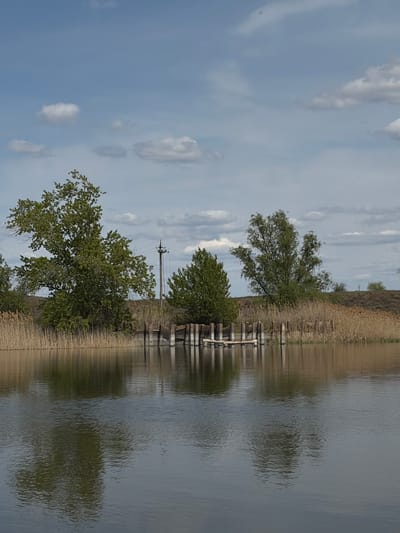 The image depicts a landscape with a body of water, possibly a river or lake, reflecting the sky and surrounding vegetation. The shoreline features trees and shrubs along with some artificial structures that appear to be a small pier or dock. A utility pole is visible further inland. The sky is blue with scattered clouds. It is in Kharabali, Russia.