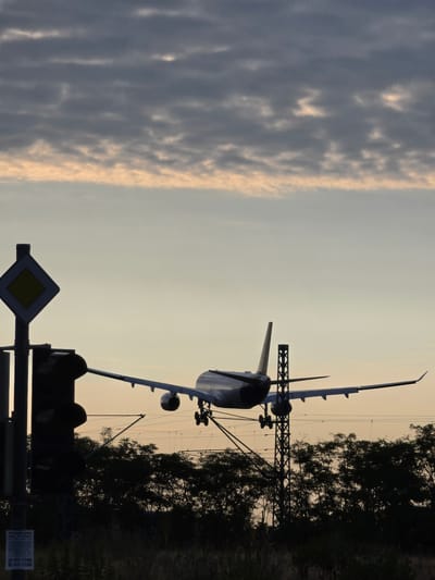 An airplane is captured in silhouette against a dusky sky as it descends for landing at Frankfurt Airport, Germany, near Kelsterbach. The aircraft's landing gear is extended, indicating its proximity to the runway. In the foreground, a traffic signal with a diamond-shaped yield sign is visible to the left, also silhouetted against the fading light. A dense line of trees forms a dark band across the middle ground, with power lines strung between poles. The sky above is filled with dramatic clouds, some tinged with the warm colors of sunset. The overall scene conveys a sense of movement and impending arrival.